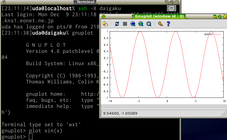 リモートホストで gnuplot を実行した様子